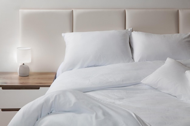 un lit blanc avec une tête de lit blanche et des oreillers