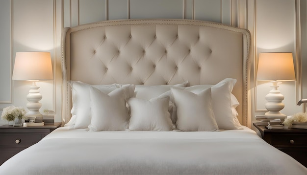 un lit blanc avec une tête d'or et des oreillers blancs