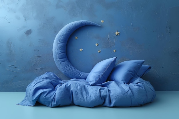 Lit bleu avec croissant et étoiles IA générative