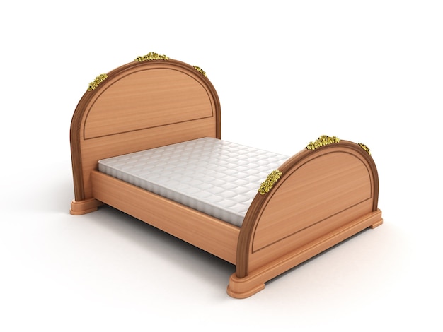 Lit en bois clair avec matelas isolé sur fond blanc