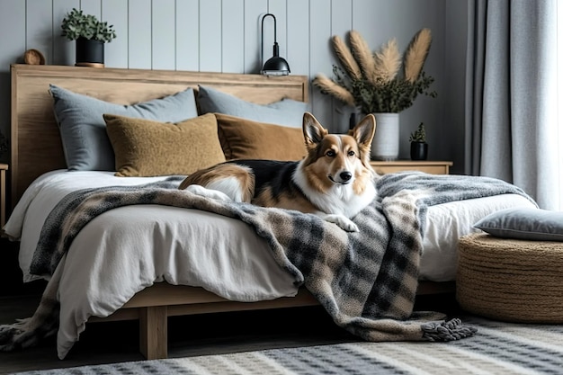 Lit en bois dans un intérieur de chambre neutre tendance avec mobilier design décorant un banc de moquette