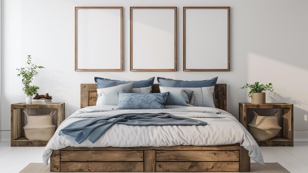 Lit en bois rustique avec oreillers bleus et tête de lit en bois dans une chambre confortable