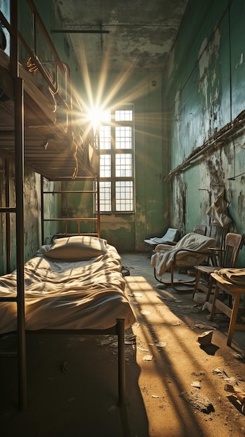 Le lit de la cellule vide est éclairé par la lumière du soleil qui passe par la fenêtre.
