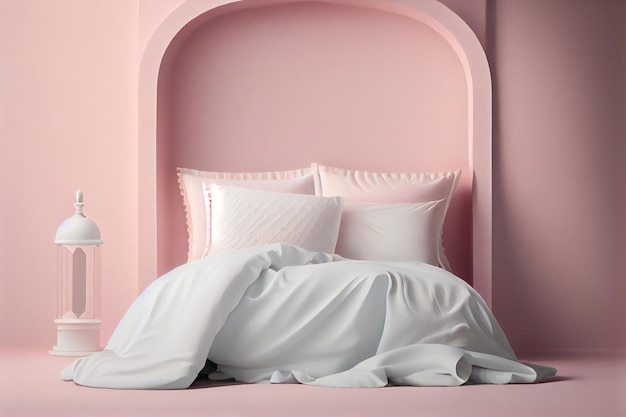 Un lit de chambre minimaliste avec des draps blancs et des oreillers confortables et une couette sur un fond de mur rose délicat un lieu de copie Generative AI