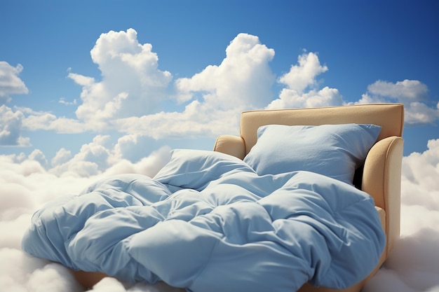 Un lit avec un ciel bleu et des nuages en arrière-plan