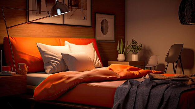 Un lit confortable avec des draps et des oreillers orange dans une chambre à coucher