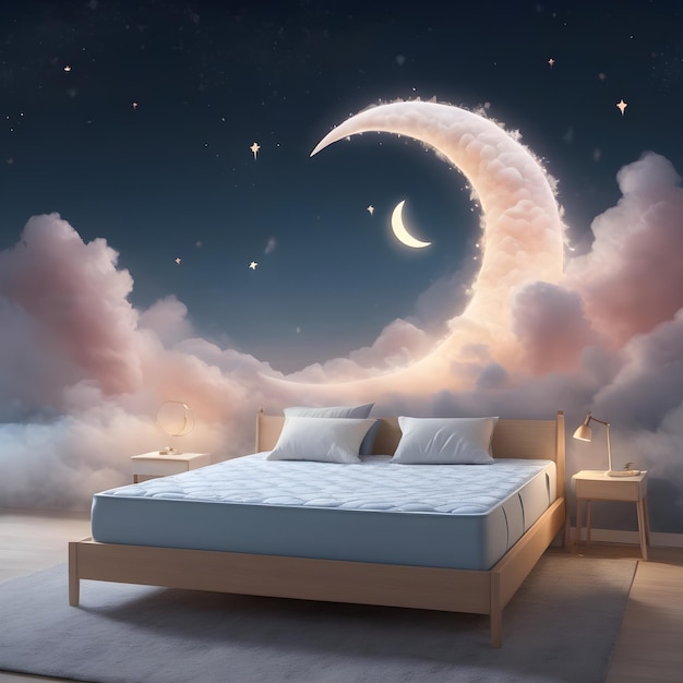 Un lit confortable avec la lune et les étoiles dans le ciel