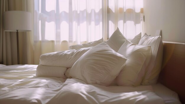 Lit confortable avec matelas blanc doux et oreillers à l'intérieur AI générative