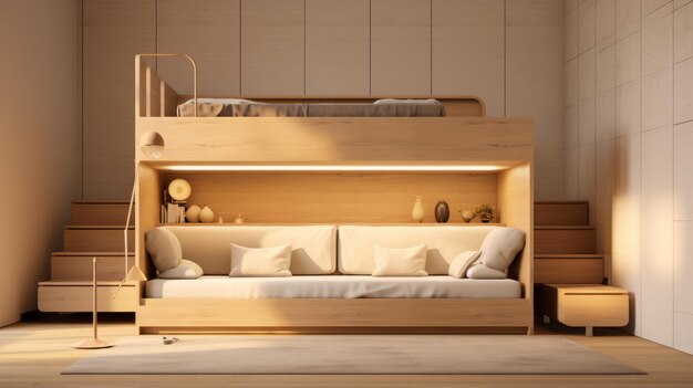 Lit à couchettes en bois avec canapé éclairage réaliste et transitions tonales douces