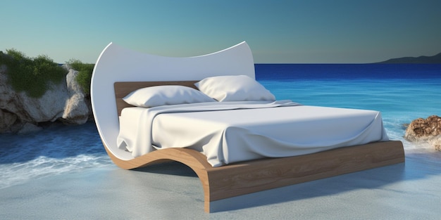 Un lit avec une couverture blanche et un cadre en bois avec le mot sleep dessus.