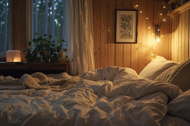 Un lit avec une couverture blanche dans une pièce