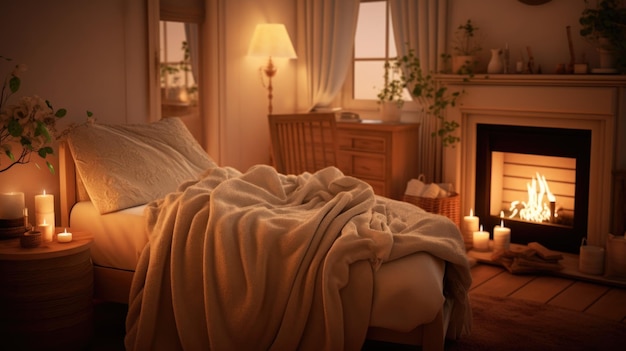 Un lit avec une couverture et des bougies devant la cheminée ai
