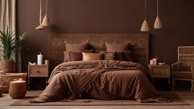 Photo un lit avec une couverture brune et un couvre-tout brun
