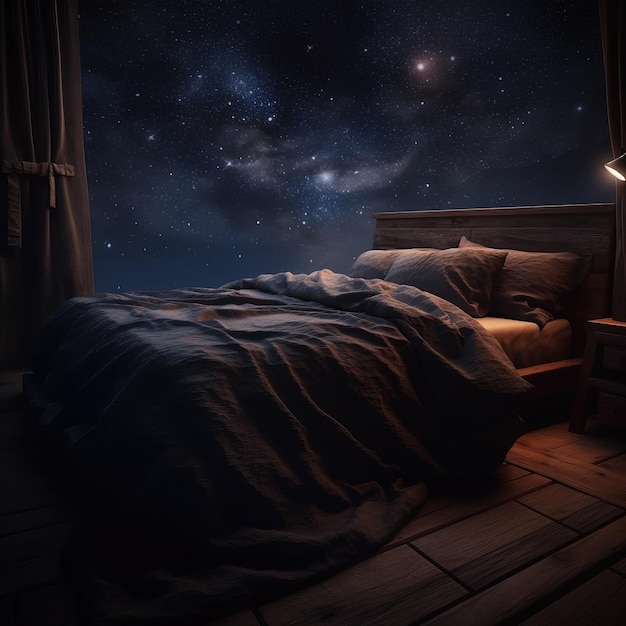 Un lit avec une couverture et le ciel nocturne au-dessus