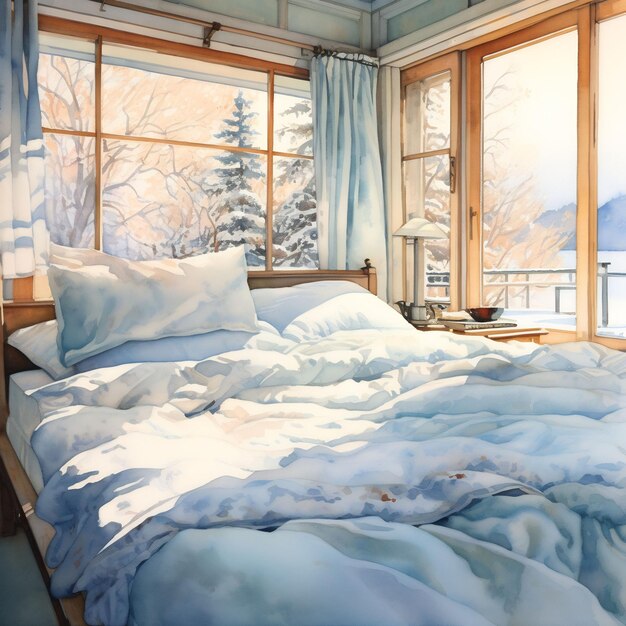 un lit avec une couverture dessus et une fenêtre avec de la neige au sol.