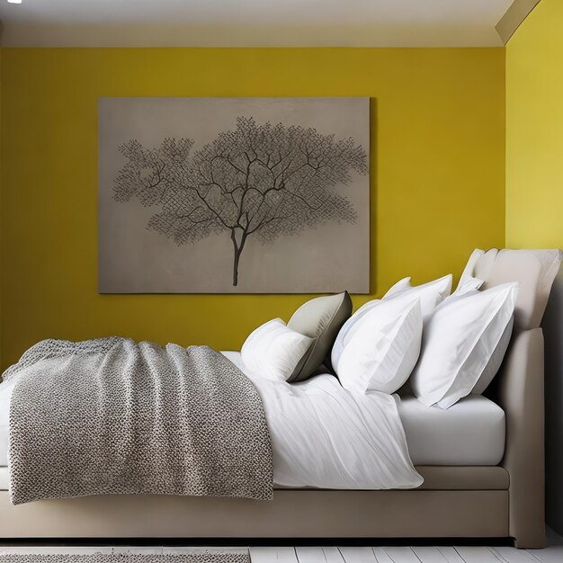 Un lit avec une couverture dessus et une image d'un arbre sur le mur.