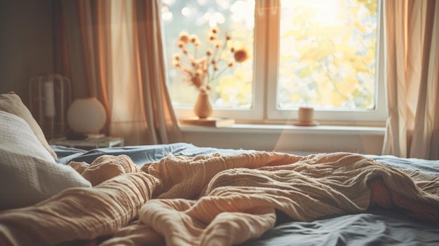 Un lit avec une couverture et des draps de lit dans des tons beige sur le fond d'une fenêtre Concept de luxe calme