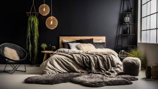 un lit avec une couverture grise et un mur noir avec une lampe au-dessus