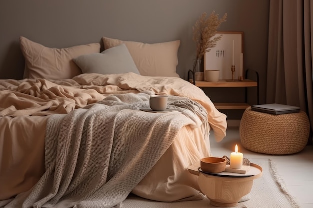 Un lit avec une couverture et une tasse de café dessus AI générative