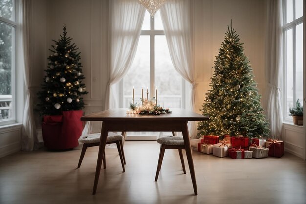 Un lit dans une belle maison blanche décorée étagère triangulaire comme un arbre de Noël la nuit