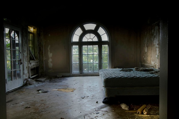 Photo un lit dans une chambre abandonnée.