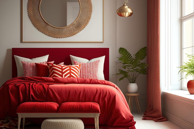 Photo lit double avec couette et oreillers miroir chambre en bois chaleureux avec gros meubles en rotin dans les tons rouges et fenêtre avec modèle d'idée de banc pour un design d'intérieur contemporain
