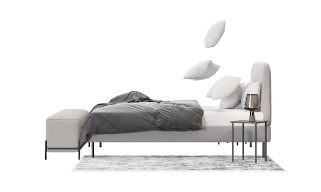 Photo lit double avec pouf de tapis et lampes sur fond blanc isolé action d'oreillers volants vue latérale literie grise et blanche élément de design d'intérieur moderne meubles de chambre découper le rendu 3d