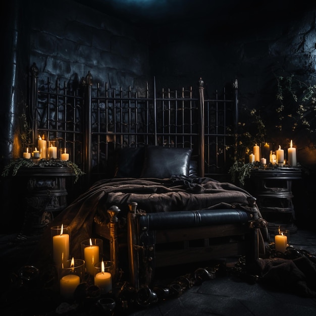 un lit drapé avec des bougies et une couverture dans une pièce sombre