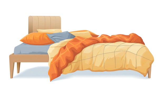 Photo un lit avec des draps orange et bleus et une couverture jaune le lit est fait dans un style moderne avec un cadre en bois simple et sans tête de lit