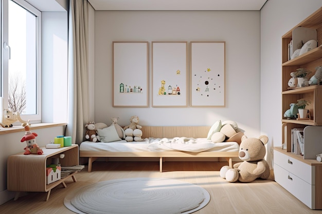 Le lit d'enfant en bas âge de style minimaliste moderne jolies décorations pour enfants et photos suspendues