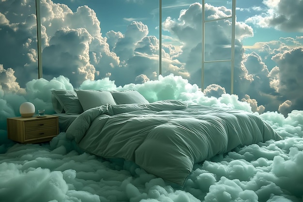 Un lit entouré de nuages dans une pièce