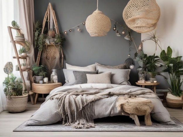 Lit entre l'échelle et la plante dans l'intérieur de la chambre à coucher boho vert avec tapis gris sous la lampe