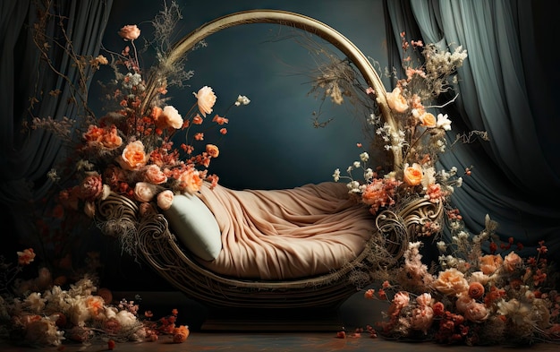 un lit avec des fleurs et un lit avec une femme allongée dessus.