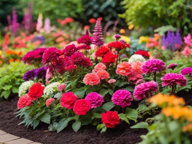 un lit de fleurs avec de nombreuses fleurs de différentes couleurs