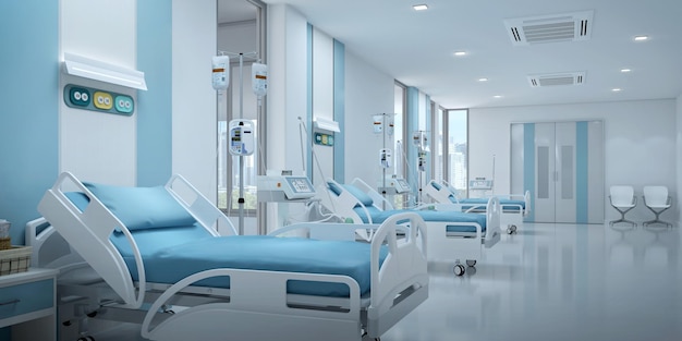Lit d'hôpital dans la salle de réveil avec espace de copie3d rendu