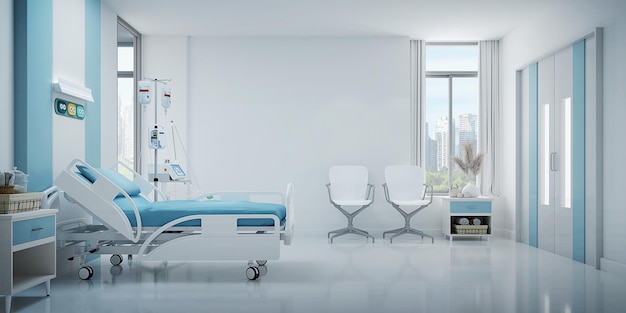 Lit d'hôpital dans la salle de réveil avec espace de copie3d rendu