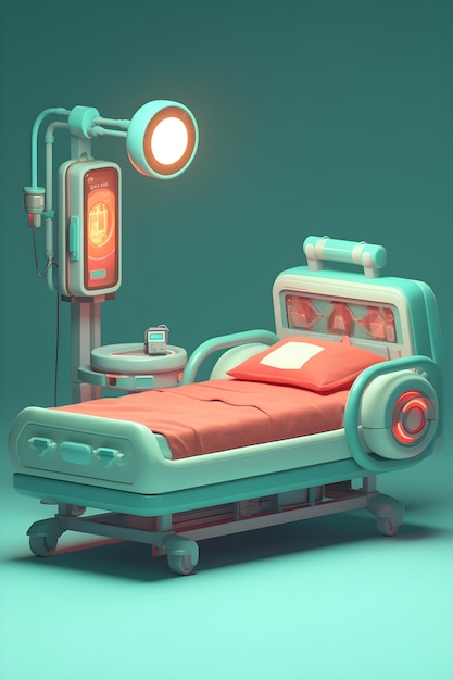 Un lit d'hôpital avec une lampe et une lampe dessus.