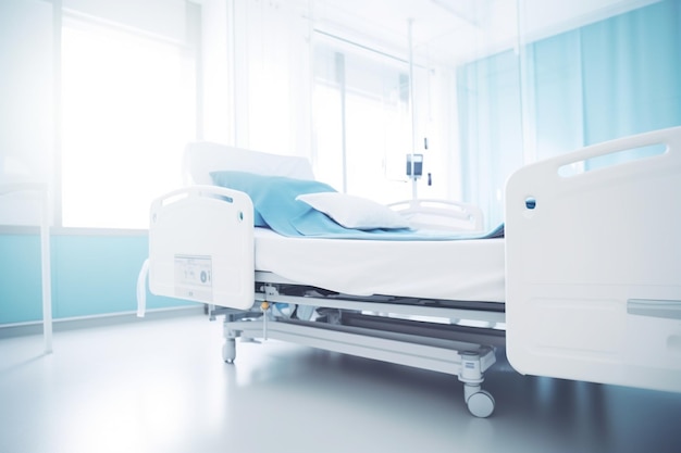 Un lit d'hôpital avec un rideau bleu et un lit blanc