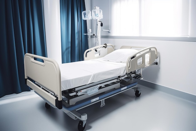 Un lit d'hôpital avec un rideau bleu et un rideau bleu