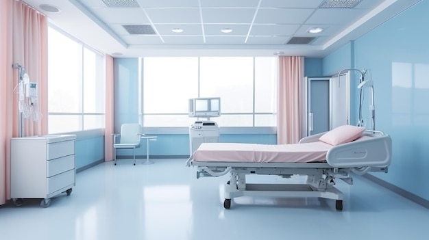 Lit d'hôpital vide et divers équipements médicaux de premiers soins dans la salle d'urgence d'une clinique moderne