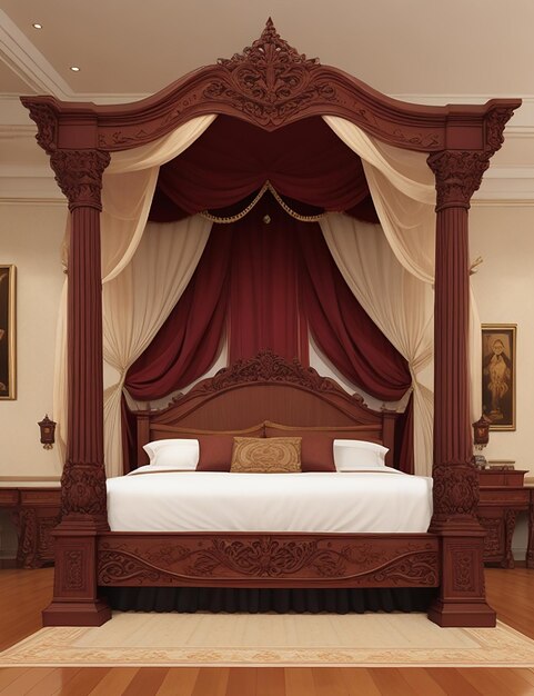 Un lit king size avec des sculptures