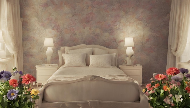 un lit avec un lit blanc et des fleurs roses devant un mur violet