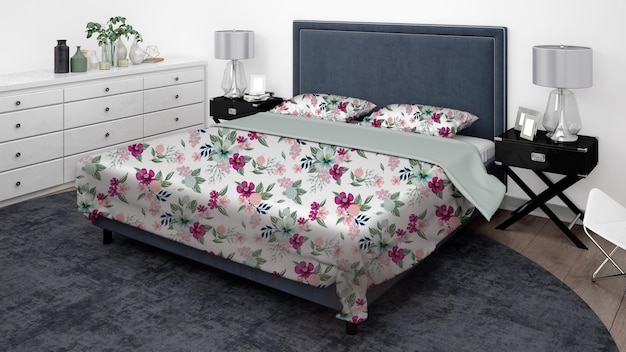 un lit avec une literie florale et une table de nuit avec une lampe dessus