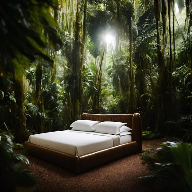lit de luxe dans la forêt tropicale cinématique et la grande lumière du jour de la prairie IA générative