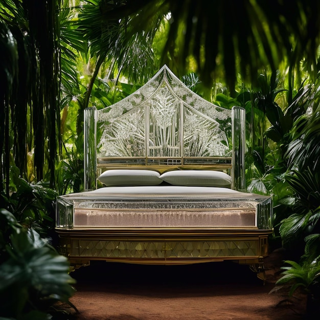 lit de luxe dans la forêt tropicale cinématographique et la large prairie lumière du jour générative ai