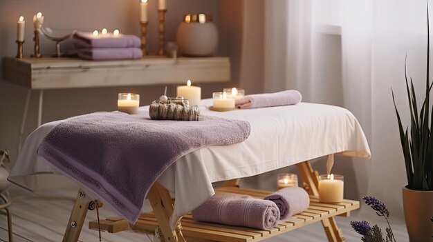 lit de massage spa avec de l'huile essentielle de lavande dans le magasin de massage