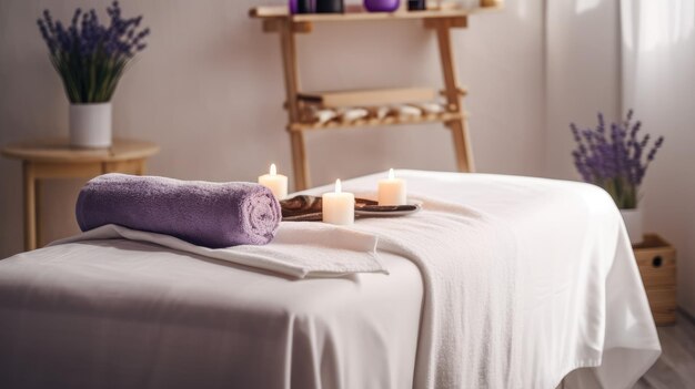 lit de massage spa avec de l'huile essentielle de lavande dans le magasin de massage