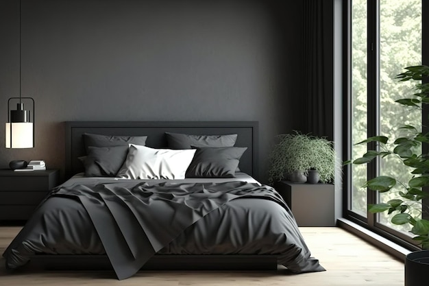 Un lit noir contemporain réaliste avec des oreillers gris un cadre de lit en teck et une table de chevet Une fenêtre tôt le matin éclaire l'ombre des feuilles sur un mur beige et un parquet Appartement une maison