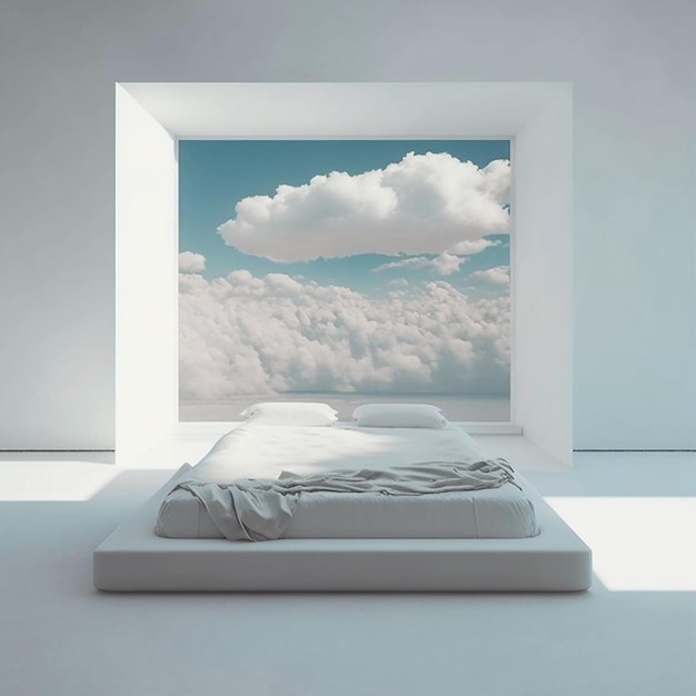 Un lit avec un nuage sur le mur