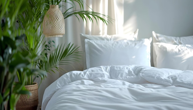 lit avec oreiller de lit blanc et couette contre la verdure de la maison chambre à coucher de design d'intérieur scandinave